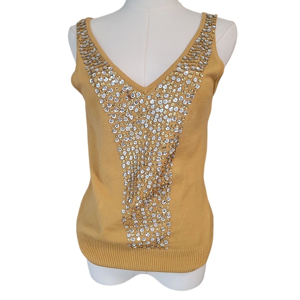 SayWhat vintage y2kGold Sequin V Neck Sleeveless Knit Tank Top Women's Large